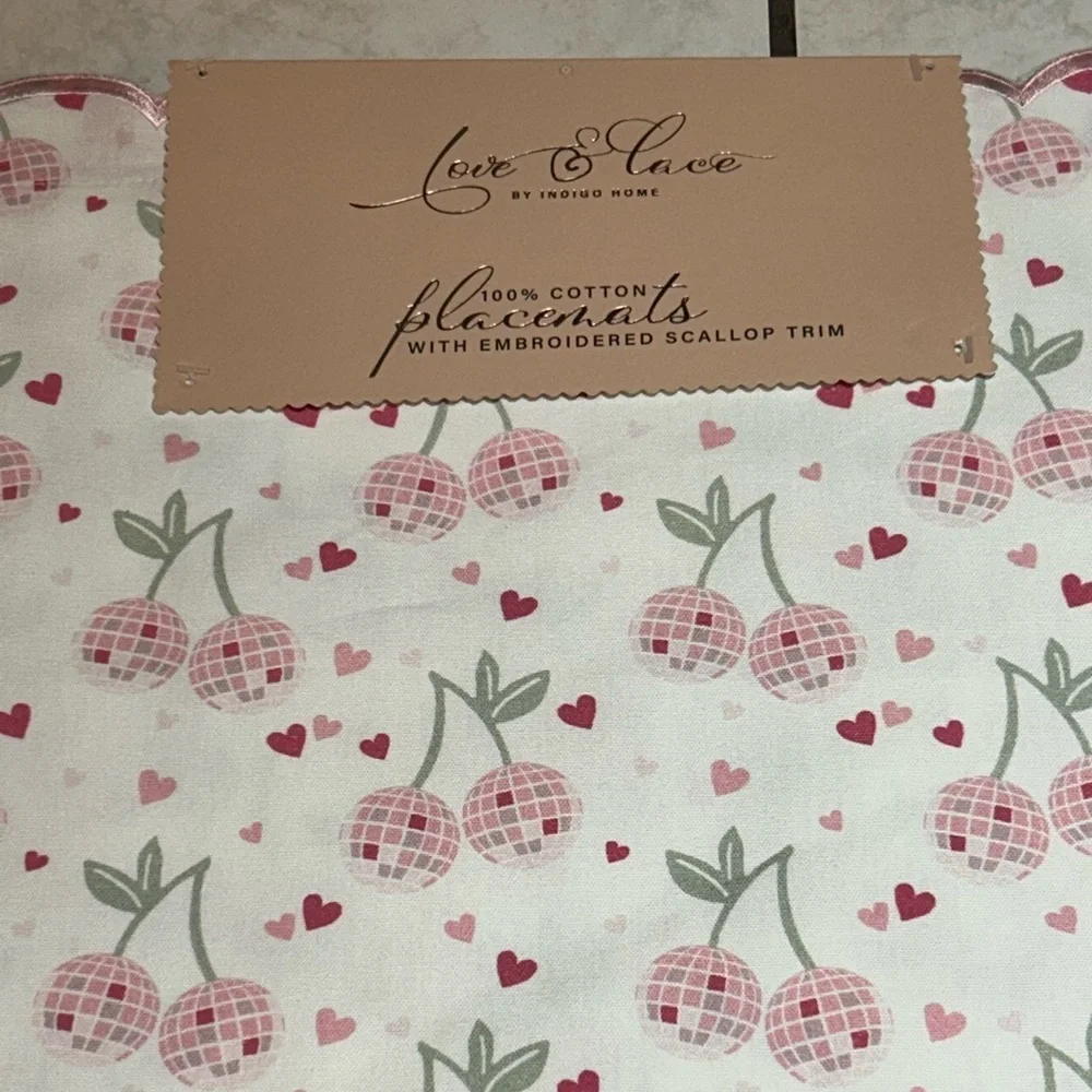 SET OF 4 CHERRY DISCO BALL PLACEMENTS NWTS MADE BY LOVE & LACE BY INDIGO HOME.